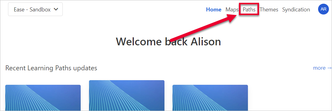 arrow pointing to Paths in the top right navigation