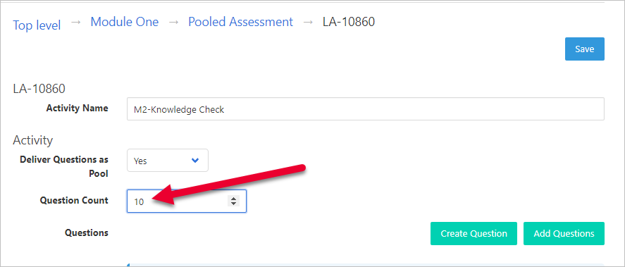 arrow pointing to Question Count field