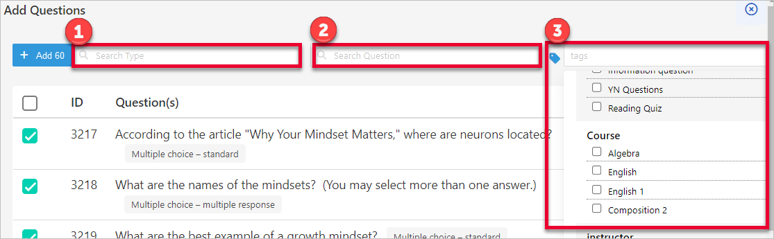 1- rectangle around question type field, 2- rectangle around search question field, 3- rectangle around tags field with list of tags displayed below