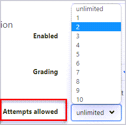 attempts allowed drop down options display