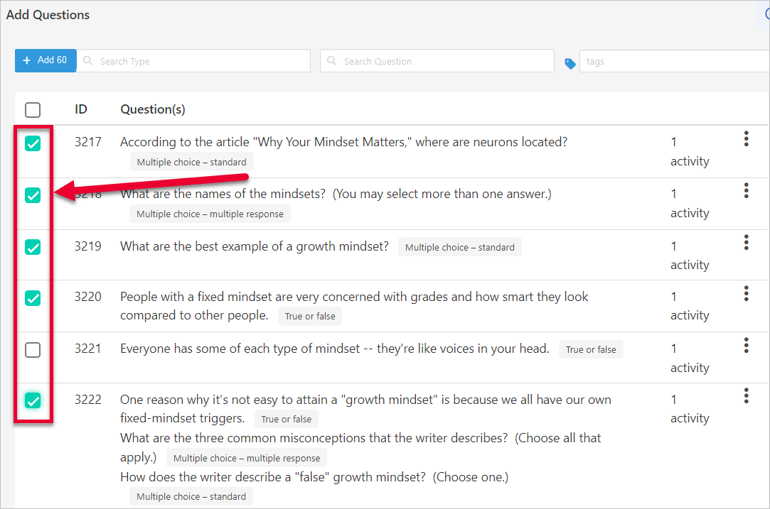 rectangle around checkboxes to the left of questions showing checkmarks next to questions that have been selected for the pool