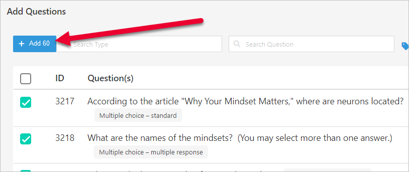 arrow pointing to blue Add button showing 60 questions will be added to the pool