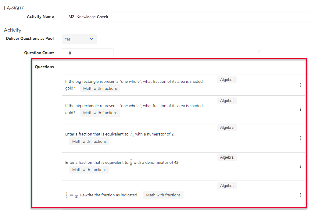 Questions selected for pool display in Questions list