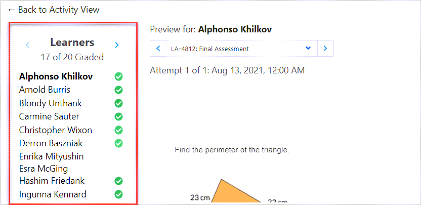 Rectangle surrounding Learners section showing check mark next to those who have been graded for the activity