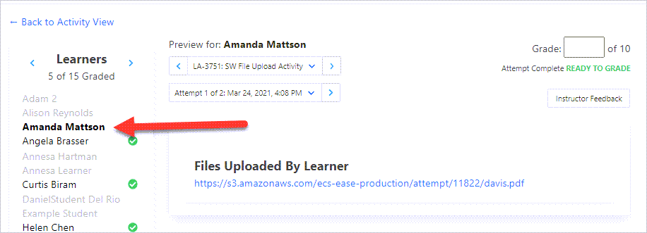 Arrow pointing to learners name in list