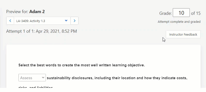 User clicks into grading area and replaces the score of 10 with 15